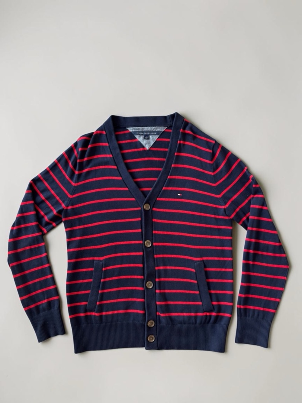Tommy Hilfiger Navy and Red Striped V-Neck Cardigan